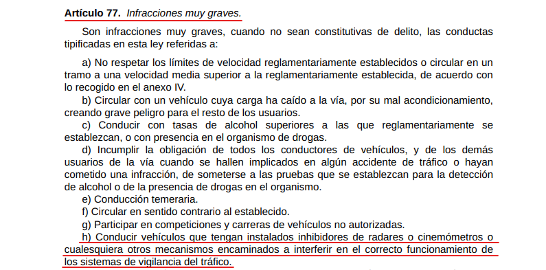 Ley de Tráfico sobre inhibidores de radar y cinemómetros.