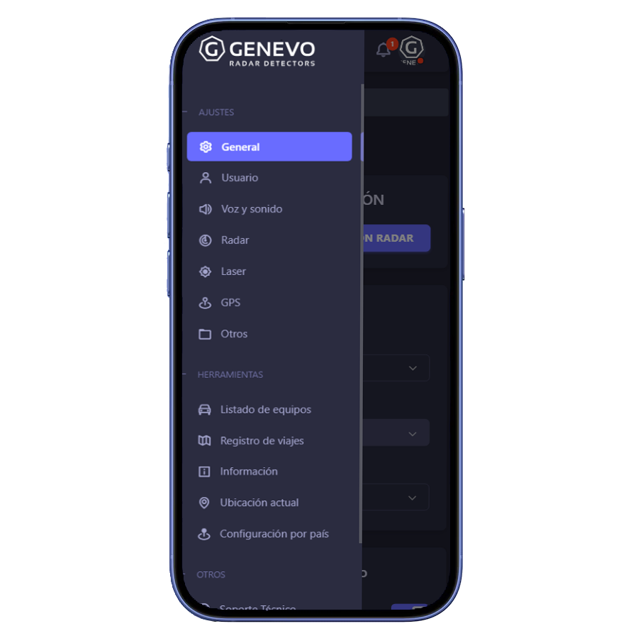 Genevo PROTECTOR - Detector de radar app - Opciones aplicación