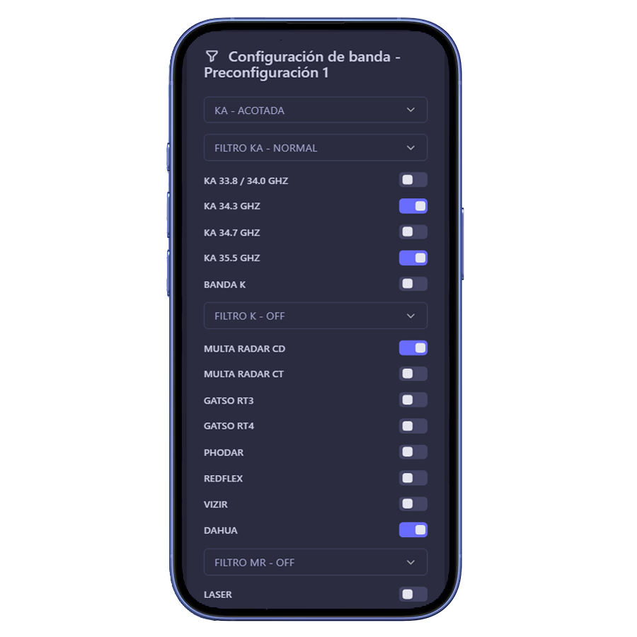 Genevo PROTECTOR - Detector de radar app - Configuración frecuencias